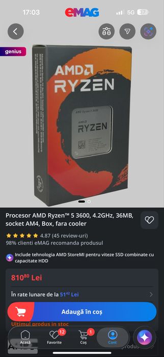 Procesor AMD Ryzen™ 5 3600, 4.2GHz, 36MB, socket AM4, Box, fara cooler