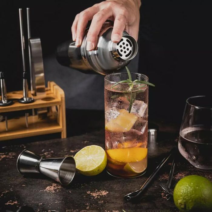 Set barman pentru bauturi si cocktail-uri, shaker, 15 piese, argintiu,