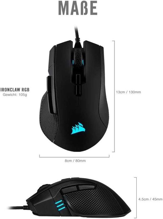 Мишка Corsair IRONCLAW RGB, Fps/Moba, RGB LED, 18 000 DPI, USB