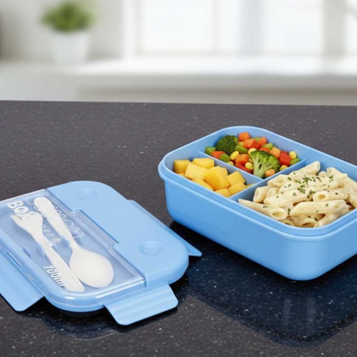 Кутия за обяд  с 3 отделения, вилица и лъжица–компактна кутия за храна