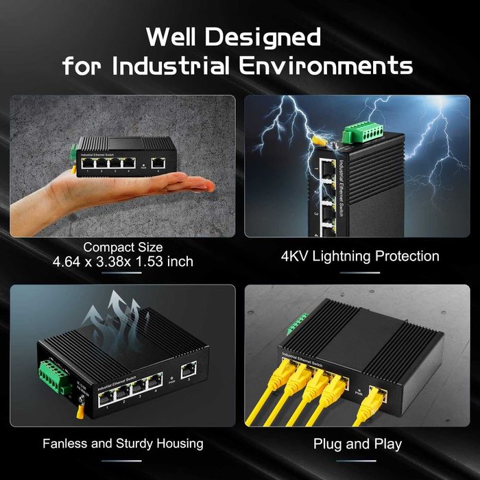 Switch Ethernet industrial Binardat ING05-041G 5 porturi șină DIN 4 port 1 uplink Gigabit DIN Rail,10-100-1000Mbps, montare pe perete fără ventilator
