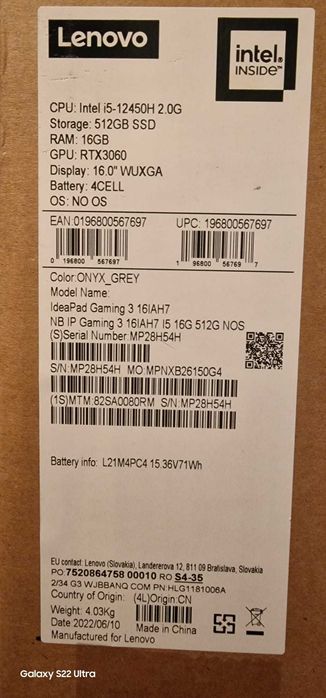 Laptop Lenovo pt Gaming, Procesor I5(12th gen), placa video RTX 3060