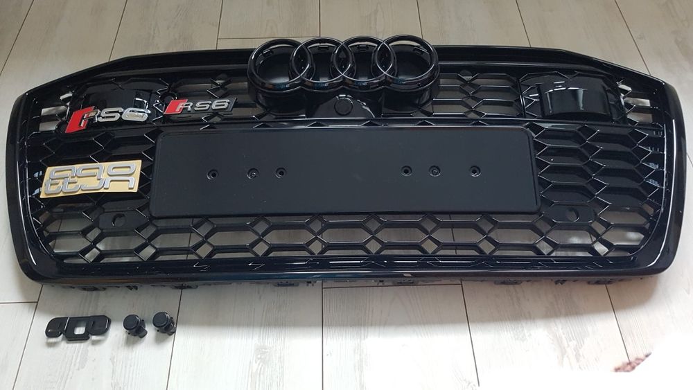 Grila-Fagure-RS6-Look-Audi-A6-C8-2018-2019-2020-2021-2022-2023-2024-Neagra-Lucios-Logo-Sigla-Camera-Frontala-RadarACC-Poze-Reale-Calitate-Premium-Noua