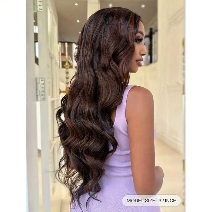 Тъмно кафява вълнообразна перука с кичури