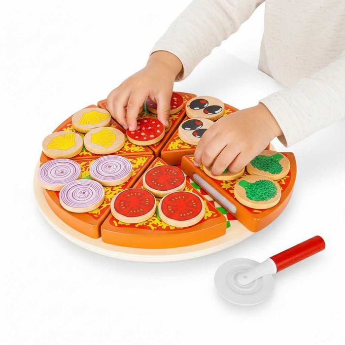 Set pizza din lemn 27 piese jucarie de rol copii cu accesorii si blat