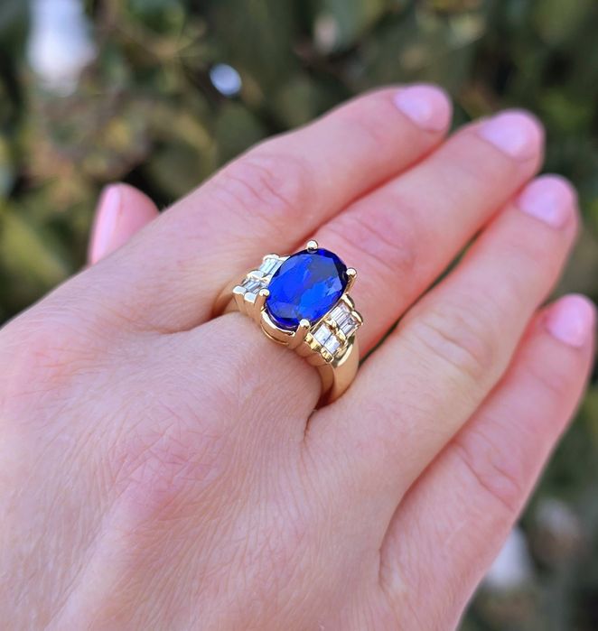 Inel din aur galben 18k cu Tanzanit și diamante naturale, handmade