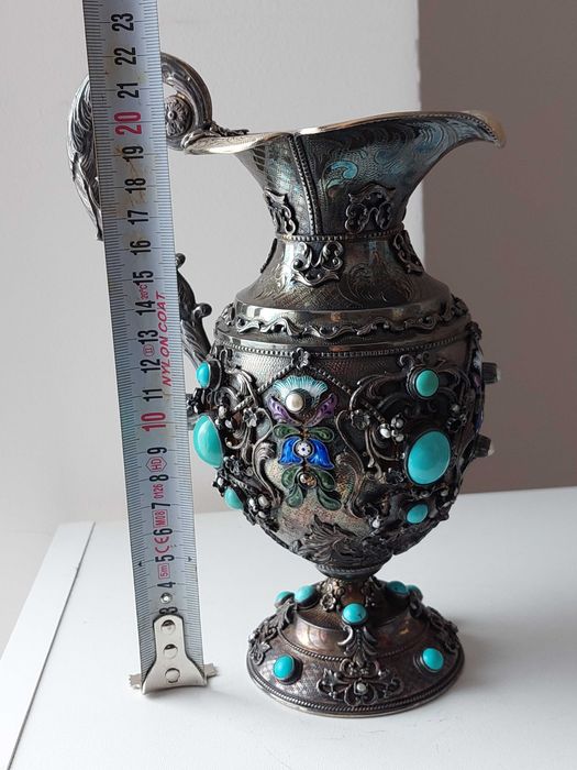 Стара Антикварна Сребърна кана за вода/сребро 925 ,емайл,тюркуази/