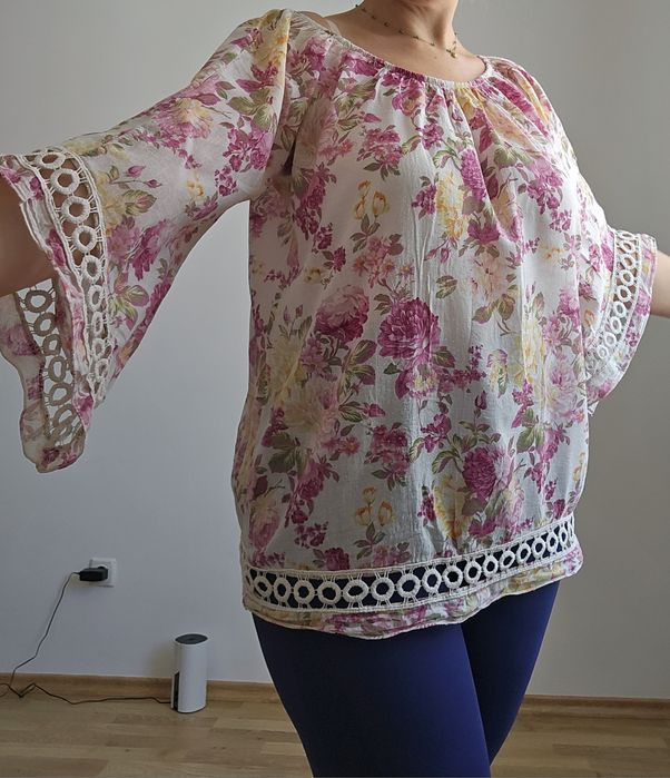 Флорална блуза туника риза лятна на цветя с дантела асиметричен ръкав