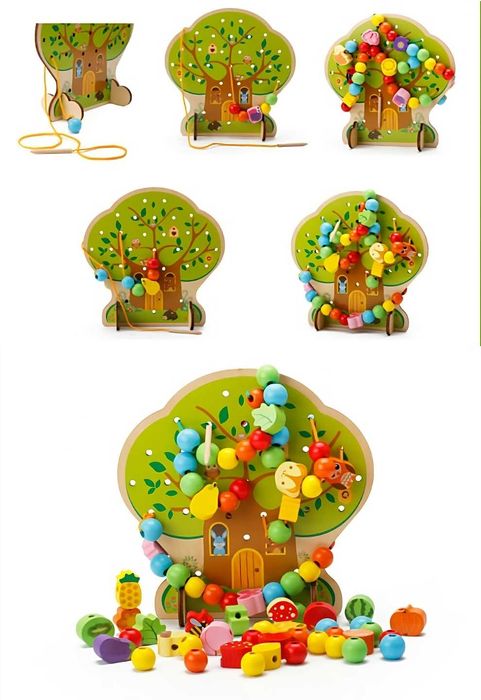 ХИТ Дърво с нанизване с плодове, животни и мъниста 102бр./дървени игри
