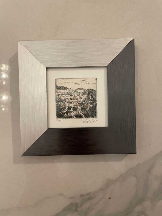 gravura foaie rives in creion semnata rama profesionala de inox periat