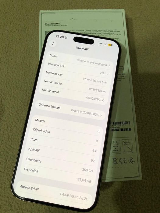 Vand iphone 16 pro max,desert titanium. 256GB