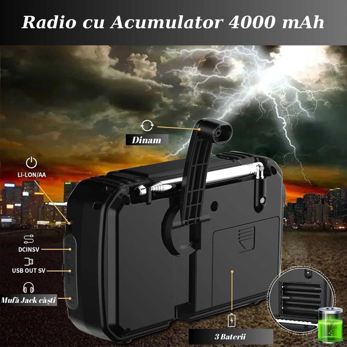 Radio Portabil Camping, cu Incarcare Solara, Baterie 4000 mAh