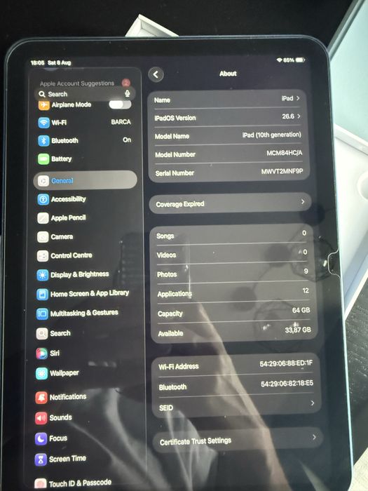 Ipad 10Gn 64GB blue батерия:100