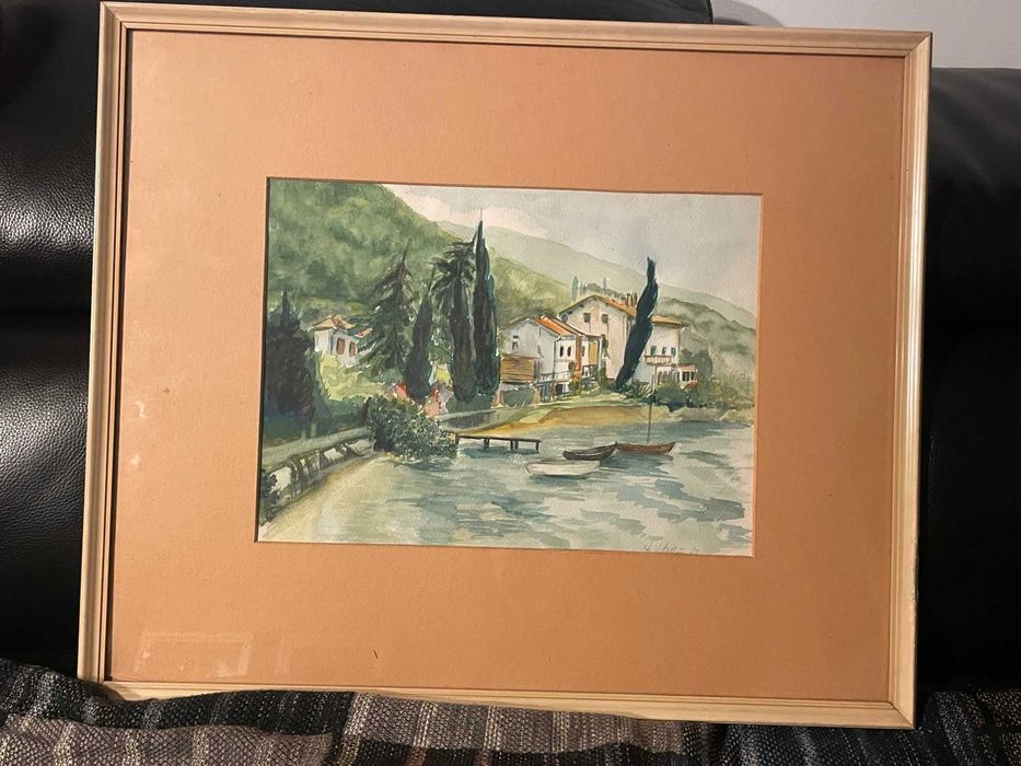Tablou vechi original, acuarelă pe hârtie, peisaj cu bărci, an 1977, înrămat, semnat