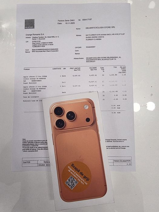 Iphone 17 Pro 5G Cosmic Orange 256Gb NOU Sigilat Factură 2ANI GARANȚIE