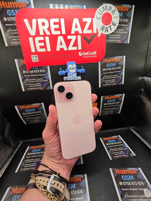 Humor GSM Ofera spre vanzare / iPhone 15 / 128GB / Pink Roz / 100 Baterie / Garantie 12 Luni / Rate