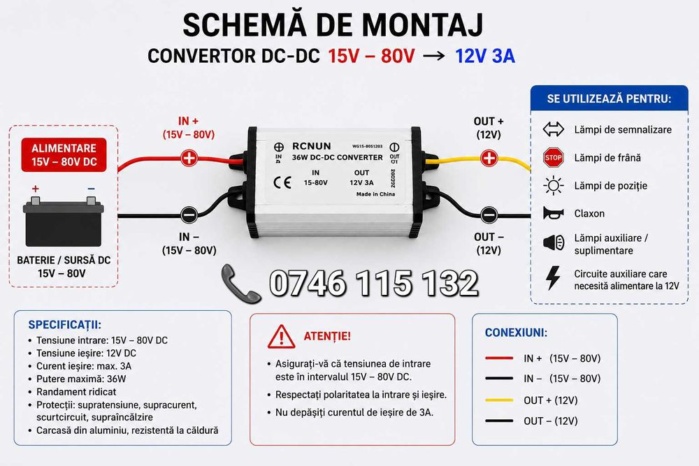 Convertor Tensiune DC-DC 3A Slim 15V–80V la 12V pentru Trotinetă Electrică și Scuter Electric, pentru Semnalizări, Stop, Claxon și Alte Accesorii 12V