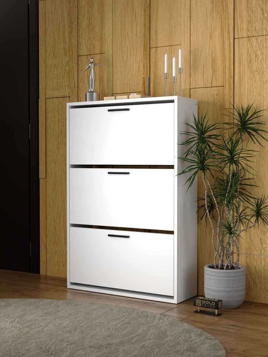 Шкаф за обувки с 3 падащи врати – бял и дървесен цвят/Шкафче за обувки