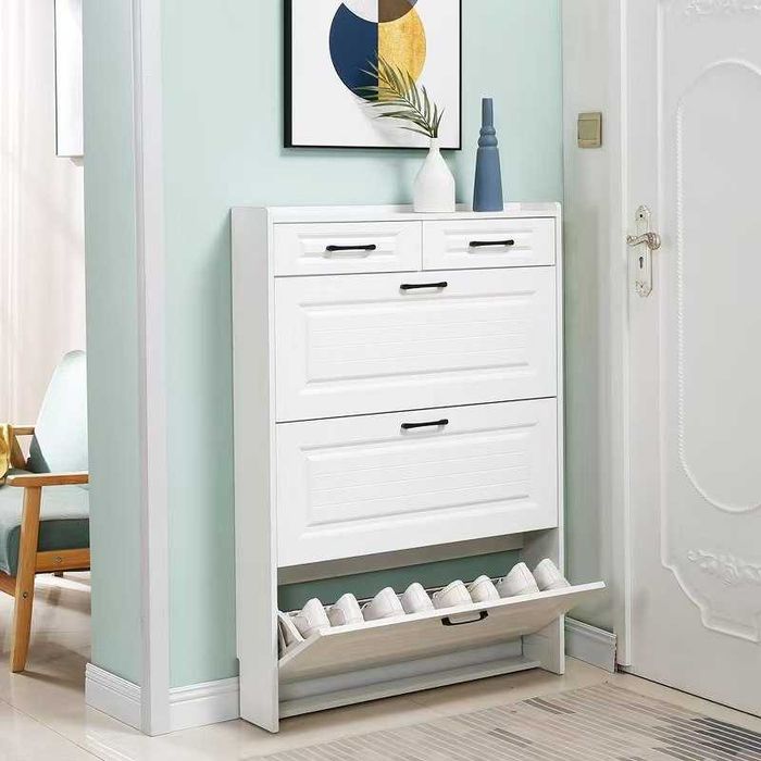 Узкая обувница в прихожую закрытая, обувной шкаф тумпа для обуви белый