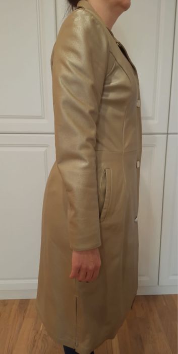 Palton/geaca lung(a) din piele NATURALA, culoare bej auriu