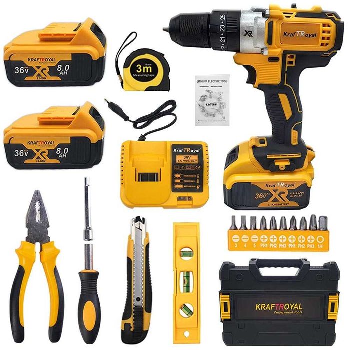 Безчетков Ударен Винтоверт 36 волта с Метална Глава с две батерии