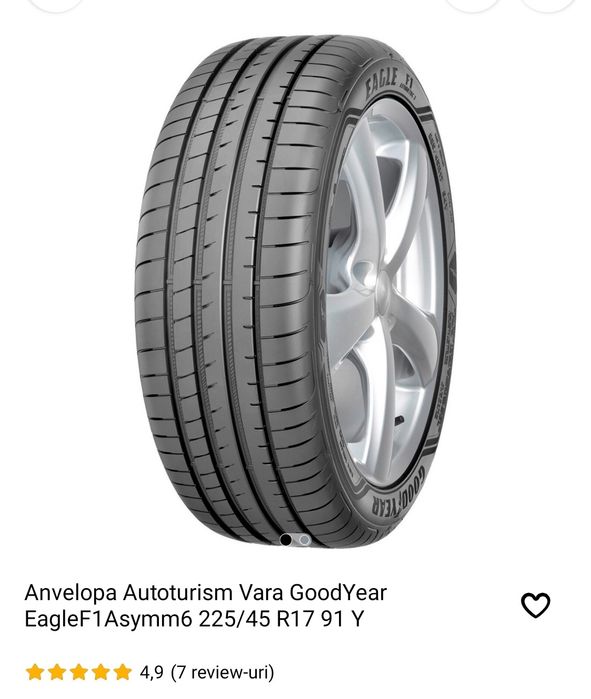 Vând 3 anvelope de vara Goodyear Eagle F1 Asymmetric 6 225/45R17 91Y