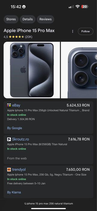 Apple iPhone 15 Pro Max, 256GB, 5G, Natural Titanium