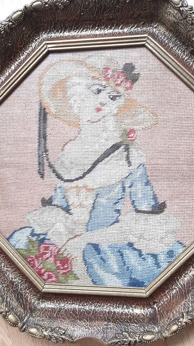 Tablou goblen-Madame de Pompadour, manual, vintage, aprox. 100 de ani