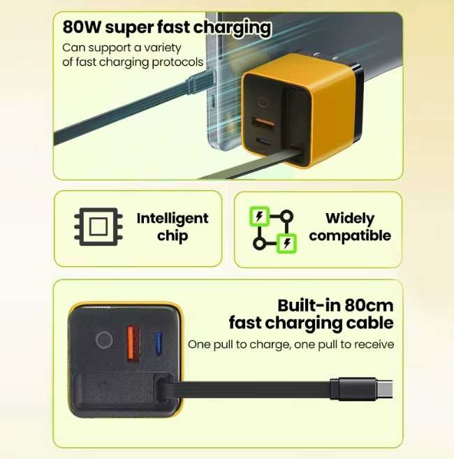 Încărcător USB-C Fast Charge 80W cu cablu telescopic 50cm, portocaliu