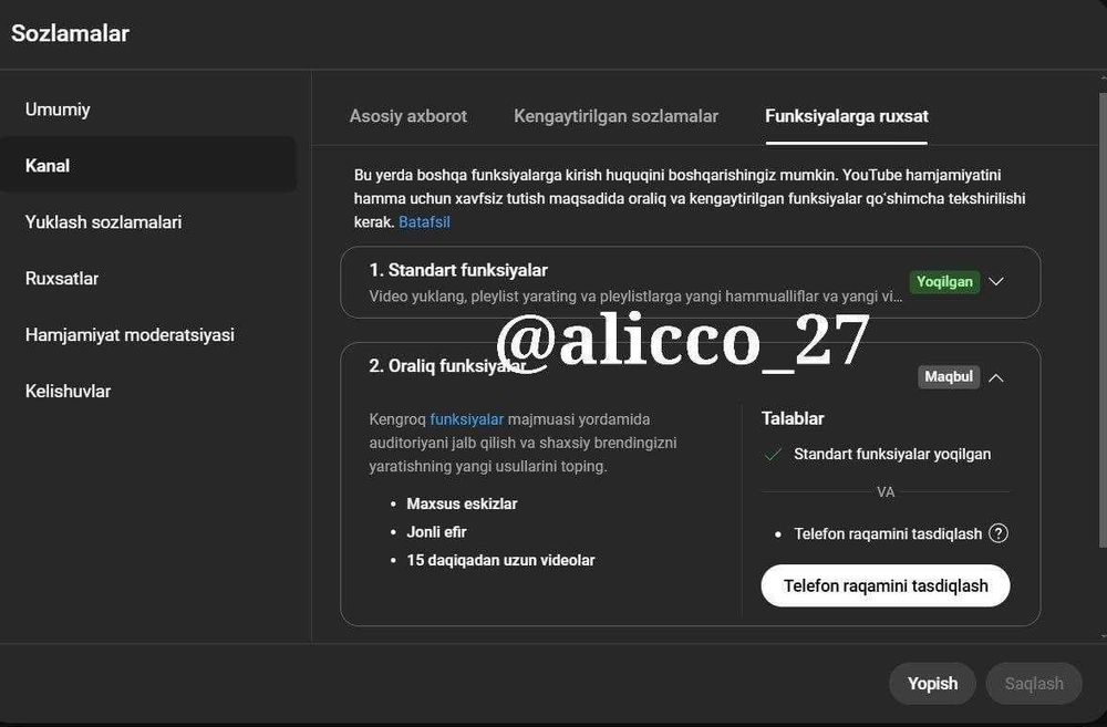 YOUTUBE KANALNI nomer bilan tasdiqlash
