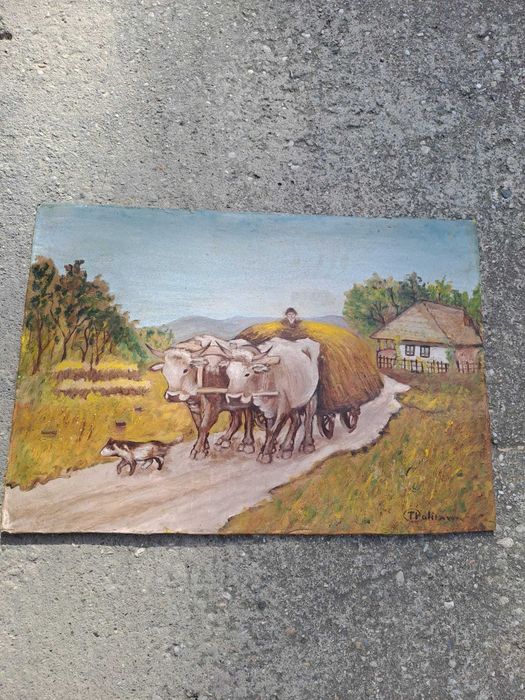 tablou vechi romanesc pictura pe carton 70/49 cm semnat