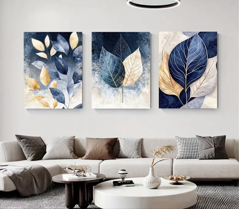 Картини с рамка 3 броя есенни листа синьо златно картина всекидневна