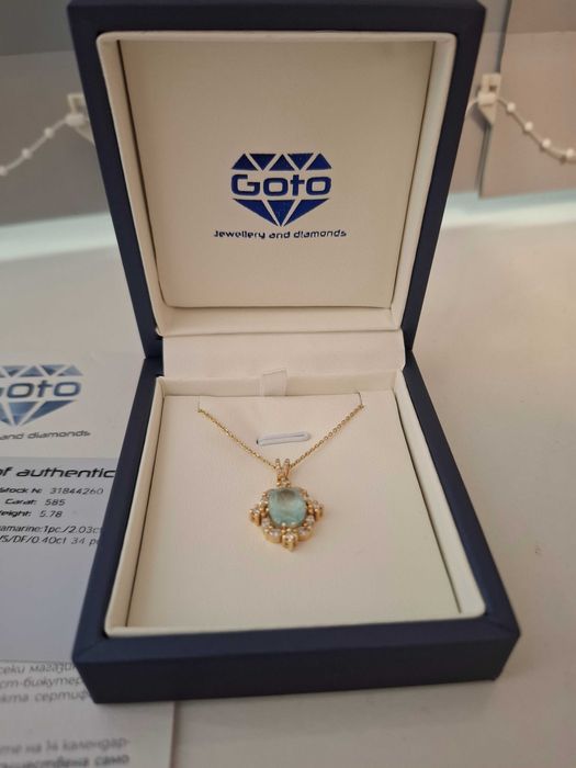 Луксозно златно колие Goto с Естествен Аквамарин 2.03ct и Диаманти VS/DF (14K)