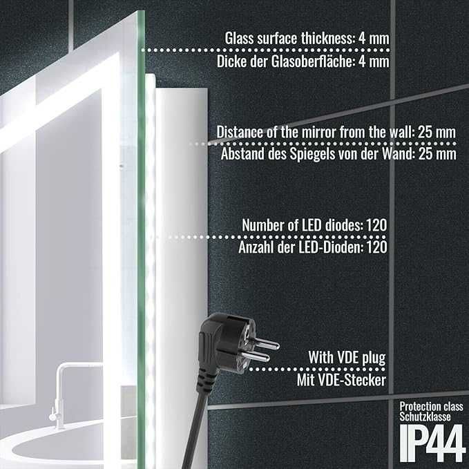 LED огледало за баня - 80 x 60 см, против замъгляване Aquamarin®