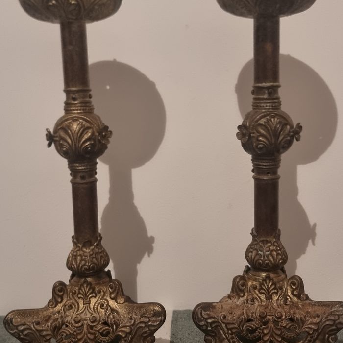 Pereche sfeșnice vechi din bronz și alamă, 45 cm, stil baroc / rococo