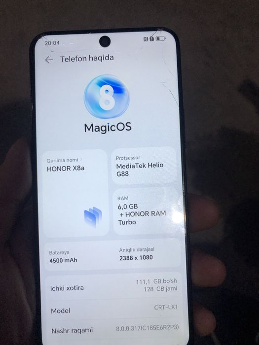 honor X 8A  hotira 128tali