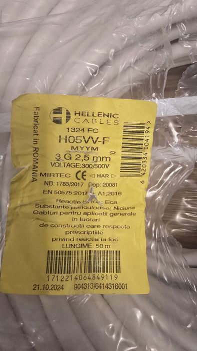 Cablu electric MYYM / H05VV-F 3 x 2.5 mmp. Lungime 50m
