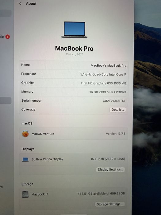 MacBook Pro 15” 2017 – i7 / 16GB RAM / SSD 512GB – Retina