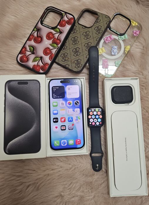 Iphone 15 pro, 128GB+ Apple watch 45 mm, seria 9, full box
