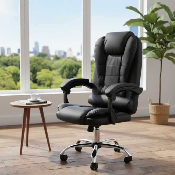 Ергономичен офис стол с лумбална опора от еко кожа в черен цвят – комф