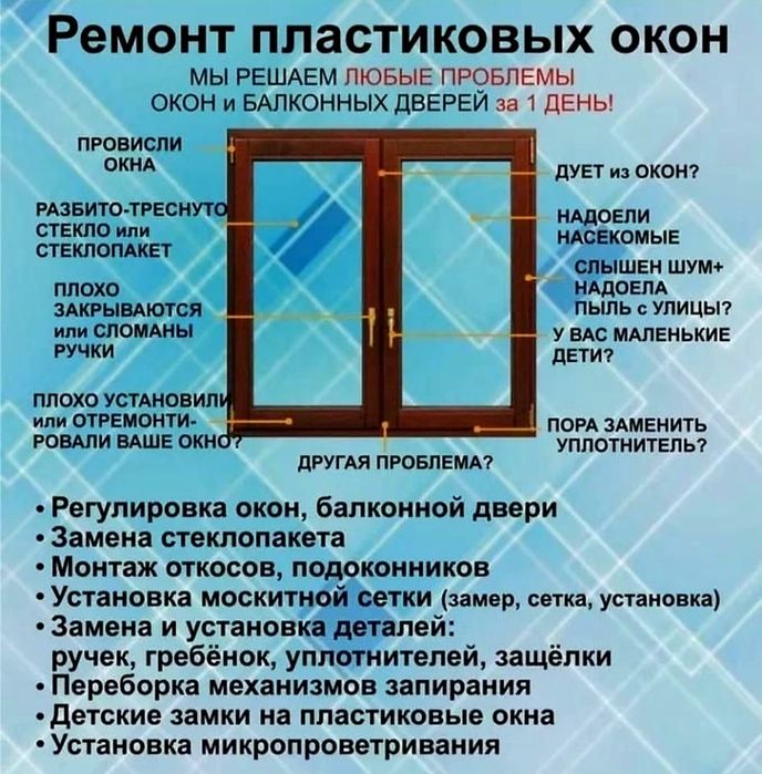 Ремонт пластиковых окон, дверей, ветрожей, замена стеклопакетов