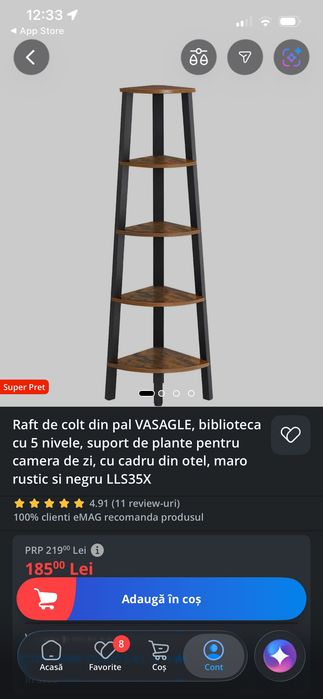 Raft de colt din pal VASAGLE, biblioteca cu 5 nivele, suport de plante pentru camera de zi, cu cadru din otel, maro rustic si negru LLS35X