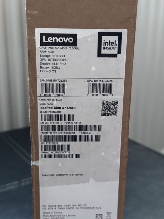 Laptop Lenovo IdeaPad Slim 3 15IAH8, i5 12th Gen, SSD 1TB M2, 8 GB Ram DDR5 Impecabil ca nou baterie 100%, factura + garantie
