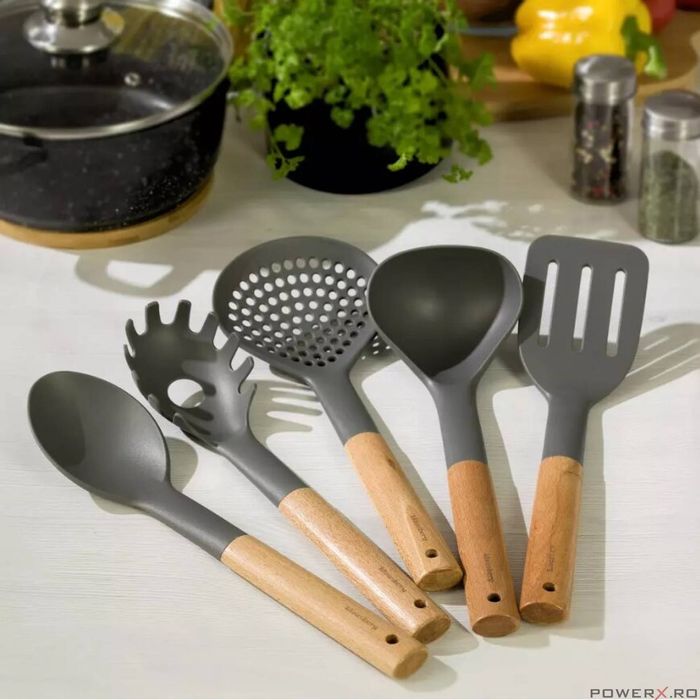 Set 5 ustensile de bucatarie, lemn si silicon, Klausberg