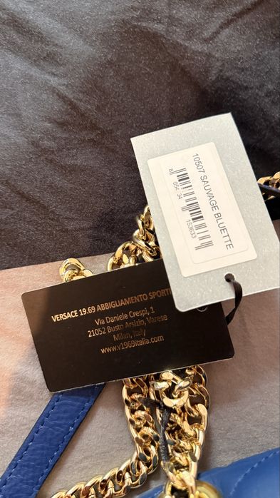 Geantă de mână albastră din piele pentru femei V Italia by Versace 1969, culoare albastru