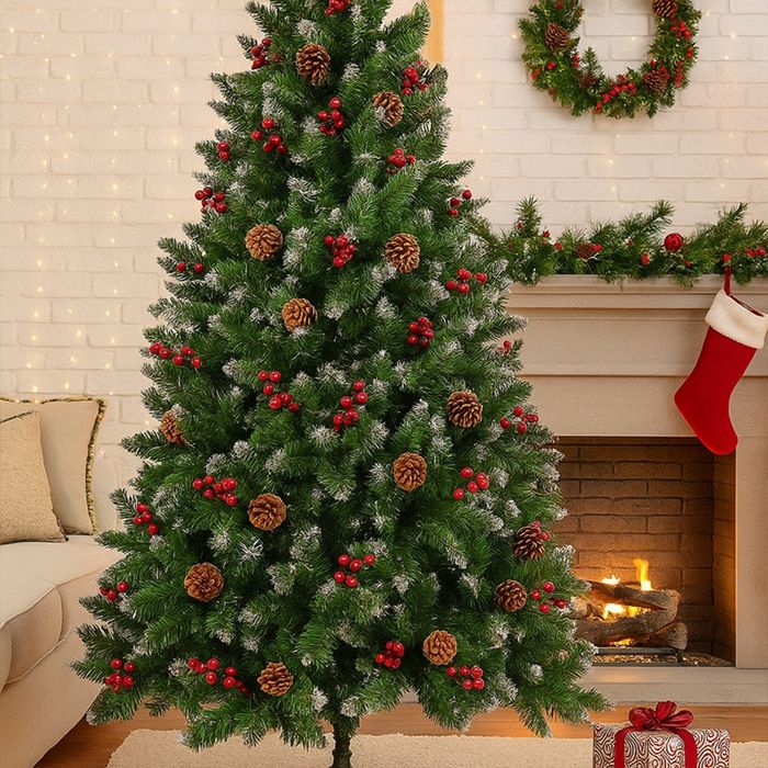 Изкуствена елха Luxury Diamond с червен глог и шишарки