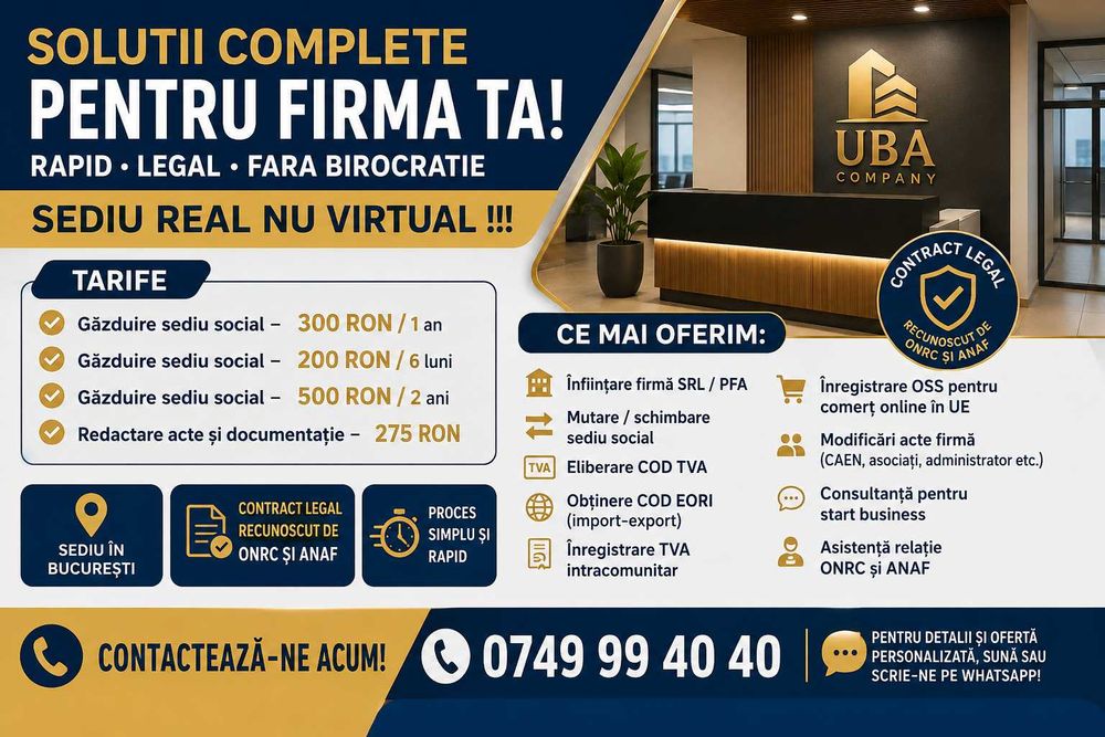 Infiintare SRL si PFA - de la 250 RON / AN
