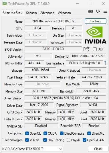 Видеокарта MSI RTX 5060ti 16gb