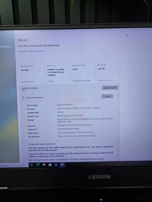 Noble Amanet - Laptop Gaming Lenovo Legion  Y540 17inch, i7 9750HF, 8GB, GTX 1650 4GB, 1.1TB