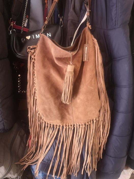 Чанта Mango tousch от естествена кожа, велур, нова